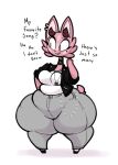  2019 anthro big_breasts bottom_heavy breasts catrobis clothed clothing dialogue digital_media_(artwork) english_text felid female fur hi_res horn huge_hips huge_thighs hyper hyper_thighs lucy_rosehorn maddeku mammal overweight overweight_female pink_body pink_fur solo text thick_thighs wide_hips yellow_eyes 