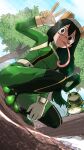  1girl absurdres animal asui_tsuyu black_eyes black_hair blue_sky bodysuit boku_no_hero_academia breasts cloud cloudy_sky facepaint fcgc_(friedalwaysgood) frog frog_girl full_body gloves goggles goggles_on_head green_bodysuit green_hair hair_between_eyes hair_rings highres horizontal_pupils long_hair long_tongue looking_at_viewer looking_back low-tied_long_hair medium_breasts sky solo squatting tongue tongue_out tree v white_gloves 