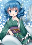  1girl blue_hair drill_hair drill_locks frilled_kimono frills green_kimono head_fins highres japanese_clothes kimono kneeless_mermaid mermaid monster_girl obi ruu_(tksymkw) sash solo touhou wakasagihime 