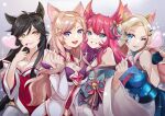  4girls :d ahri_(league_of_legends) animal_ear_fluff animal_ears aqua_eyes artist_name bangs bare_shoulders black_hair blonde_hair blue_eyes breasts brown_hair cleavage daru dress english_commentary eyebrows_visible_through_hair facial_mark finger_to_mouth forehead fox_ears fox_girl green_eyes hair_between_eyes hair_ornament heart highres k/da_(league_of_legends) k/da_ahri league_of_legends long_hair long_sleeves looking_at_viewer medium_breasts multiple_girls off-shoulder_dress off_shoulder official_alternate_costume open_mouth parted_bangs parted_lips purple_eyes red_hair sleeveless smile solo_focus sparkle spirit_blossom_ahri star_guardian_(league_of_legends) star_guardian_ahri upper_body whisker_markings wide_sleeves yellow_eyes 