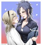  2girls angelia_(girls&#039;_frontline) artist_name bangs black_hairband black_nails black_shirt blonde_hair blue_eyes blue_hair blue_shirt blush breasts brown_eyes collarbone commission darkpulsegg english_commentary eyebrows_visible_through_hair french_kiss girls&#039;_frontline hair_ornament hairband hairclip hand_on_own_head heart heart_print highres hug hug_from_behind jewelry kiss lips long_hair looking_at_another medallion medium_breasts multiple_girls nail_polish necklace open_mouth parted_lips saliva saliva_trail scar_on_breasts shaw_(girls&#039;_frontline) shirt simple_background smile teeth tongue tongue_out turtleneck upper_body upper_teeth white_robe yuri 