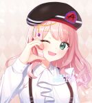  1girl ;d argyle argyle_background bang_dream! beret black_headwear brown_background collared_shirt commentary commission green_eyes hand_up hat long_hair long_sleeves looking_at_viewer mamel_27 one_eye_closed pink_hair shirt smile solo suspenders uehara_himari watermark white_shirt 