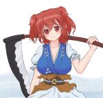  bangs blue_dress blue_kimono breasts brown_sash cleavage coin coin_on_string dress hair_bobbles hair_ornament happeneddr9 head_tilt highres holding holding_scythe holed_coin japanese_clothes kimono large_breasts looking_at_viewer obi onozuka_komachi puffy_short_sleeves puffy_sleeves red_eyes red_hair sash scythe short_hair short_sleeves simple_background touhou two_side_up upper_body white_background 