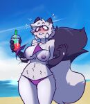  5_fingers animal_humanoid anthro beach beverage bikini black_body black_fur blush breasts canid canid_humanoid canine canine_humanoid cleavage clenched_teeth clothed clothing dust_(mewgle) female fingers fox fox_humanoid fur grey_body grey_fur humanoid mammal mammal_humanoid mewgle nipples onomatopoeia purple_eyes sand sea seaside solo solo_focus sound_effects surprised_expression swimwear teeth text torn_clothing water 