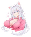  1girl animal_ears bangs blue_eyes breasts cat_ears cleavage closed_mouth collarbone emu_lapis eyebrows_visible_through_hair fang heart highres jacket large_breasts long_hair looking_at_viewer partially_unzipped silver_hair smug solo track_jacket vei_(vtuber) virtual_youtuber white_background 