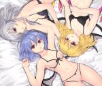  3girls armpits ass ass_visible_through_thighs bat_wings bed bed_sheet black_bra black_panties blonde_hair blue_eyes bow bow_bra bra braid breasts cleavage crystal eyebrows_visible_through_hair fang flandre_scarlet hand_on_another&#039;s_chin hand_on_another&#039;s_face highres izayoi_sakuya laevatein_(touhou) light_purple_hair looking_at_viewer lying medium_breasts medium_hair multiple_girls nail_polish navel no_hat no_headwear on_back open_mouth panties purple_hair red_eyes red_nails remilia_scarlet short_hair silver_hair single_braid small_breasts sudako_(dai011305) thighs touhou underwear underwear_only upside-down vampire wings 