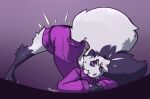  3_toes animal_humanoid anthro ass_up black_body black_fur canid canid_humanoid canine canine_humanoid clothing dust_(mewgle) feet fox fox_humanoid fur grey_body grey_fur humanoid jack-o&#039;_pose looking_at_viewer male mammal mammal_humanoid mewgle pose purple_eyes simple_background solo surprised_expression sweater toes topwear 