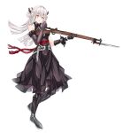  1girl :o absurdres alternate_costume alternate_hair_color bangs battle_rifle bayonet black_dress black_gloves breasts dress elbow_gloves eyebrows_visible_through_hair full_body girls&#039;_frontline gloves green_eyes gun hair_ornament highres holding holding_gun holding_weapon long_hair looking_at_viewer m1903_springfield mechanical_legs medium_breasts mutugorou_u open_mouth rifle sangvis_ferri silver_hair solo springfield_(girls&#039;_frontline) standing weapon white_background 