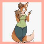  2022 absurd_res anthro blue_eyes border breasts canid canine clipboard clothed clothing female fox fully_clothed fur hi_res holding_object louart mammal orange_body orange_fur pen signature simple_background smile solo white_background 