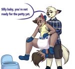  2018 ambiguous_gender anthro archived_source bow_tie clothing dialogue diaper digital_drawing_(artwork) digital_media_(artwork) duo english_text fur hair monsterbunny potty potty_chair shirt simple_background speech_bubble standing text topwear 