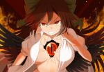  1girl absurdres arm_cannon bird_wings black_wings bow breasts brown_hair collarbone collared_shirt commentary_request control_rod cracked_skin evil_grin evil_smile feathered_wings green_bow grin hair_bow highres long_hair masakano_masaka medium_breasts midriff naked_shirt no_bra open_clothes open_shirt ponytail puffy_short_sleeves puffy_sleeves red_eyes reiuji_utsuho shirt short_sleeves smile third_eye touhou undressing v-shaped_eyebrows very_long_hair weapon white_shirt wings 