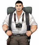  1boy bara black_eyes bright_pupils brown_hair camera commentary_request facial_hair highres large_pectorals looking_at_viewer male_focus mature_male muscular muscular_male open_mouth original pectoral_cleavage pectorals peterhl short_hair smile solo stubble 