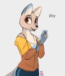 2022 anthro canid cellphone clothed clothing digital_media_(artwork) enginetrap female fully_clothed hi_res holding_cellphone holding_object holding_phone light lighting mammal open_mouth open_smile phone shaded signature simple_background smile solo 
