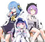  3girls absurdres apex_legends beret black_bow black_headwear black_serafuku black_skirt blue_eyes blue_hair blue_skirt blush bow breasts collared_shirt felutiahime frilled_shirt frills grey_sweater hair_behind_ear hat high-waist_skirt highres hololive hoshimachi_suisei juice_box medium_breasts minato_aqua multiple_girls nervous off_shoulder pointy_ears purple_hair school_uniform serafuku shirt short_hair side_bun sitting skirt sleeveless sleeveless_shirt sweater tokoyami_towa virtual_youtuber white_background 