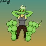  2017 anthro artist_name clothing digital_media_(artwork) doritohead feet foot_fetish foot_focus green_body green_hair green_scales hair hands_behind_head hi_res lee_(metalwolfbart) lizard long_tail looking_at_viewer male multicolored_body multicolored_scales orange_eyes pecs reptile scales scalie shirt short_hair signature simple_background sitting smile solo tank_top toes topwear two_tone_body two_tone_scales yellow_body yellow_scales yellow_sclera 
