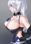  1girl absurdres azur_lane bangs bare_shoulders black_jacket blue_gloves blush breasts cleavage collarbone enterprise_(azur_lane) enterprise_(wind_catcher)_(azur_lane) eyebrows_visible_through_hair freed_turing gloves hand_on_breast hand_on_hip highres jacket jacket_pull large_breasts long_hair looking_at_viewer looking_to_the_side official_alternate_costume open_mouth parted_lips ponytail purple_eyes race_queen silver_hair simple_background solo upper_body 