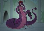  absurd_res anthro apode breasts brown_hair clothing colored detailed_background draconcopode english_text female hair hi_res legless mid_transformation mostly_nude naga purple_body reptile ruins scalie serpentine snake solo spade_tail species_transformation text torn_clothing transformation volkaiju 