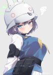  1girl arms_behind_back belt_pouch blue_archive blue_eyes blue_hair blush breasts commentary_request grey_background hair_between_eyes halo helmet ica large_breasts looking_at_viewer pouch saki_(blue_archive) school_uniform short_hair simple_background solo 