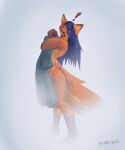  anthro blue_hair breasts canid canine covering covering_breasts covering_self exclamation_point female fox fur hair hi_res humanoid looking_at_viewer mammal multicolored_body multicolored_fur nipple_outline orange_body orange_fur simple_background solo standing steam terrehaute towel towel_only two_tone_body two_tone_fur wet wet_body wet_fur 