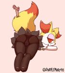  2021 anthro ass_up bedroom_eyes big_eyes black_body black_fur braixen butt canid canine eyelashes feet female flower fox fur half-closed_eyes hi_res kemono looking_at_viewer looking_back lying mammal mocho4266 narrowed_eyes nintendo on_front pawpads paws plant pok&eacute;mon pok&eacute;mon_(species) presenting presenting_hindquarters rear_view red_body red_eyes red_fur seductive solo stick video_games white_body white_ears white_fur yellow_body yellow_fur 