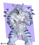  abs anthro balls bandai_namco big_penis canid canine digimon digimon_(species) dog_tags ear_piercing erection genitals hi_res humanoid_genitalia humanoid_penis lazzyd0g looking_at_viewer male mammal muscular muscular_anthro muscular_male nipples pecs penis piercing scar simple_background solo weregarurumon yellow_eyes 