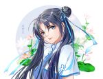  black_hair blue_dress blue_eyes china_dress chinese_clothes double_bun dress highres ribbon smile twintails white_background xian_jian_qi_xia_zhuan yun_yun_guan_bo zhao_linger 