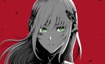  1girl bangs barcode barcode_tattoo eyebrows_visible_through_hair facial_mark facial_tattoo gager_(girls&#039;_frontline) girls&#039;_frontline green_eyes hair_ornament hairclip long_hair looking_at_viewer open_mouth ouga_(user_ctzw2237) parted_lips red_background sangvis_ferri silver_hair solo tattoo upper_body 