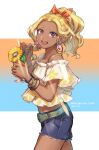  1girl :d amamiya_erena belt belt_buckle blonde_hair blue_belt blue_shorts bow bracelet buckle collarbone commentary_request cowboy_shot cup dark-skinned_female dark_skin denim denim_shorts drinking_straw earrings flower from_side hair_bow high_ponytail highres holding holding_cup jewelry long_hair looking_at_viewer midriff nail_polish off-shoulder_shirt off_shoulder open_mouth orange_nails precure print_shirt purple_eyes red_bow ring shimatani_azu shirt short_shorts short_sleeves shorts sketch smile solo sparkle standing star_twinkle_precure sunflower white_background white_shirt yellow_flower 