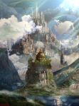  absurdres bird building castle cloud commentary_request fantasy highres lake mixed_media mountain no_humans original outdoors overgrown scenery signature sunlight warera 