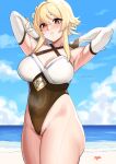  1girl absurdres alternate_costume arm_behind_head armpits beach blonde_hair blush breasts cameltoe cleavage cloud cloudy_sky cowboy_shot day flower genshin_impact hair_flower hair_ornament highres kirinkirin looking_at_viewer lumine_(genshin_impact) ocean one-piece_swimsuit parted_lips presenting_armpit shore sky solo starfish steaming_body swimsuit thighs yellow_eyes 