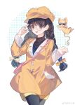  1girl absurdres bag bangs benyue_xiao_kui black_hair black_legwear bow braid brown_eyes buttons cardcaptor_sakura chinese_commentary commentary_request daidouji_tomoyo dotted_background feet_out_of_frame glasses hair_bow hand_up handbag hat high_collar highres jacket kero long_hair looking_at_viewer open_mouth pantyhose round_eyewear smile standing sunglasses twin_braids weibo_logo weibo_username white_background yellow_headwear yellow_jacket 