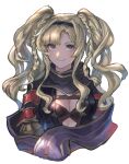 1girl blonde_hair blue_eyes blush breasts cleavage cropped_torso granblue_fantasy highres long_hair looking_at_viewer shimatani_azu sketch small_breasts smile solo two_side_up upper_body white_background zeta_(granblue_fantasy) 