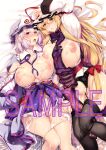  2girls absurdres black_legwear blonde_hair blush breasts cum cum_on_body cum_on_breasts hat highres huge_breasts long_hair looking_at_another looking_at_viewer multiple_girls nipples open_mouth ouma_tokiichi panties panty_pull pink_hair saigyouji_yuyuko short_hair thighhighs tongue tongue_out touhou underwear yakumo_yukari yellow_eyes 