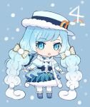  1girl :o arms_at_sides azaka_(pipponao) blue_background blue_capelet blue_dress blue_eyes blue_footwear blue_hair blue_headwear blue_ribbon boots bow capelet curly_hair dress full_body fur-trimmed_dress fur_trim gloves hair_bow hair_ornament hat hat_ornament hat_ribbon hatsune_miku long_hair long_sleeves multi-tied_hair multicolored_hair pantyhose pom_pom_(clothes) pom_pom_hair_ornament rainbow ribbon sash scarf simple_background snowflake_ornament snowflake_print snowing standing star_(symbol) star_in_eye starry_sky_print sun_symbol symbol_in_eye twintails two-tone_hair very_long_hair vocaloid white_bow white_gloves white_legwear white_scarf yuki_miku 