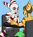  alister_azimuth anthro blush chair clothed clothing date duo fur furniture green_eyes group lombax male male/male mammal ratchet ratchet_and_clank red_eyes sony_corporation sony_interactive_entertainment striped_body striped_fur stripes table tail_tuft theanimatingfanatic topless topless_anthro topless_male tuft video_games white_body white_fur yellow_body yellow_fur yellow_sclera 