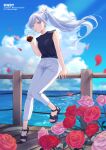  1girl absurdres artist_name black_shirt blue_eyes blue_sky casual character_name cloud copyright_name cup disposable_cup drinking drinking_straw earrings english_commentary falling_petals floating_hair flower full_body hair_ornament highres holding holding_cup ice ice_cube jewelry leaning_on_rail long_hair looking_at_viewer maguro_(guromaguro) ocean pants petals pink_flower pink_rose ponytail railing red_flower red_rose rose rwby sandals scar scar_across_eye shirt shirt_tucked_in sky sleeveless sleeveless_shirt solo sunlight toes water weiss_schnee white_hair white_pants 