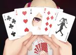  1girl black_background blonde_hair card commentary holding holding_card looking_at_viewer original playing_card pov smile twintails yajirushi_(chanoma) 