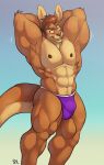  abs anthro armpit_hair big_muscles body_hair brown_hair bulge eyes_closed eyewear glasses hair hands_behind_head hi_res jockstrap_only kangaroo macropod male mammal marsupial muscular muscular_anthro muscular_male obliques pecs smile solaxe_(artist) solo thick_tail 