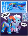  blue_body blue_feathers clothed clothed_feral clothing comic dialogue dinoalpaka duo equid equine eyewear feathers female feral fleetfoot_(mlp) friendship_is_magic goggles hi_res mammal my_little_pony pegasus rainbow_dash_(mlp) wings wonderbolts_(mlp) 
