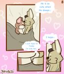  absurd_res anthro bed canid canine canis comic comic_panel covering dialogue digital_media_(artwork) domestic_dog duo english_text fur furniture hair herding_dog hi_res lagomorph leporid male male/male mammal max_(yakyarts) nude on_bed pastoral_dog rabbit smile text tired under_covers welsh_corgi yaky_(yakyarts) yakyarts 
