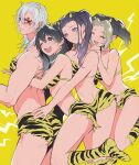  1boy 3girls ;d ^_^ alternate_hairstyle bikini black_eyes black_hair blonde_hair boots breast_press breasts cleavage closed_eyes commentary_request electricity eyelashes facial_mark feet_out_of_frame from_side girl_sandwich hair_between_eyes hand_on_another&#039;s_shoulder hinatsuru_(kimetsu_no_yaiba) horns hug hug_from_behind iwatoko_(iwatokko) kimetsu_no_yaiba long_hair looking_at_another looking_back makio_(kimetsu_no_yaiba) matching_outfit medium_hair mole mole_under_eye multicolored_hair multiple_girls one_eye_closed oni_horns outstretched_arms print_bikini print_footwear purple_eyes red_eyes sandwiched shoe_soles smile standing standing_on_one_leg strapless suma_(kimetsu_no_yaiba) swimsuit tiger_stripes twintails two-tone_hair uzui_tengen white_hair yellow_background yellow_bikini 