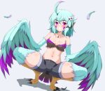  1girl absurdres animal_ears bangs bare_shoulders belt bird_ears bird_legs bird_tail blue_feathers blue_hair blue_wings blush breasts eggman_(pixiv28975023) eyebrows_visible_through_hair facial_mark hair_between_eyes hair_ornament harpy highres jewelry long_hair looking_at_viewer midriff monster_girl navel necklace original purple_eyes purple_feathers shadow shorts skull_hair_ornament small_breasts solo squatting tail talons two-tone_wings white_background wings 