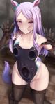  1girl absurdres against_glass animal_ears bare_shoulders big_shine black_gloves black_legwear blush breasts closed_mouth collarbone elbow_gloves gloves highres horse_ears horse_girl horse_tail long_hair looking_at_viewer mejiro_mcqueen_(umamusume) purple_eyes purple_hair small_breasts solo tail thighhighs thighs umamusume 