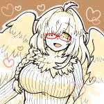  1girl ahoge blush braid breasts commentary_request eyebrows_visible_through_hair feathered_wings feathers glasses hair_intakes hair_over_one_eye harpy heart highres icenekomura jewelry large_breasts long_hair monster_girl neck_ruff necklace one_eye_covered open_mouth red-framed_eyewear solo tokyo_afterschool_summoners white_feathers wings ziz_(housamo) 