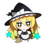  1girl bangs black_headwear blonde_hair blush bow chibi closed_mouth dotaku_(wran8845) eyebrows_visible_through_hair eyes_visible_through_hair hair_between_eyes hair_bow hat hat_bow highres kirisame_marisa long_hair looking_away simple_background solo standing touhou v-shaped_eyebrows very_long_hair white_background witch_hat yellow_eyes 