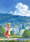  1girl apron bag blonde_hair blue_sky cloud commentary_request day dress fir_tree fjsmu from_side headdress highres holding holding_bag landscape long_dress long_hair maid_apron maid_headdress mountain outdoors puffy_short_sleeves puffy_sleeves pumps red_dress red_footwear road scenery short_sleeves sky solo touhou touhou_(pc-98) tree white_apron white_legwear yumeko_(touhou) 