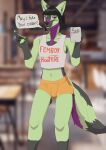  absurd_res anthro black_hair black_nose blurred_background bottomwear bulge canid canine clothing english_text fox fur girly green_body green_fur grey_body grey_fur grey_hands hair hi_res male mammal pencil_(object) purple_body purple_fur repgg shirt short_hair shorts solo tank_top text topwear waiter 