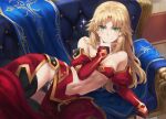  1girl armor bandeau bangs bare_shoulders black_legwear blonde_hair breasts detached_collar detached_sleeves fate/apocrypha fate/grand_order fate_(series) faulds green_eyes highres long_hair looking_at_viewer lying mordred_(fate) mordred_(fate/apocrypha) navel on_side parted_bangs pelvic_curtain sidelocks small_breasts smile solo sparkle thighhighs thighs tonee 