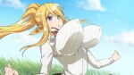  1girl absurdly_long_hair animal_ears artist_request blonde_hair blue_eyes breasts centaur centorea_shianus covered_nipples eyebrows_visible_through_hair game_cg grass high_ponytail horse_ears huge_breasts impossible_clothes long_hair monster_musume_no_iru_nichijou monster_musume_no_iru_nichijou_online official_alternate_costume official_art open_mouth outdoors pointy_ears shirt sidelocks taur very_long_hair white_shirt 