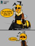  alternate_version_at_source antennae_(anatomy) anthro arthropod bee black_sclera blush breasts clothing comic dangerartec english_text female hi_res hymenopteran insect male open_mouth panties smile stripes text tuft underwear white_eyes wings yellow_body yellow_skin 